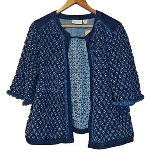 Chicos Jacket Womens L Blue Peri Denim 3/4 Sleeve Embroidered Fringe Open Front